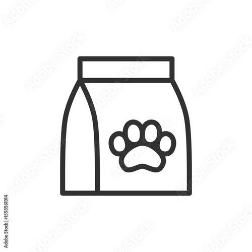Pet food package linear icon. Dry food bag with paw label. nutrition and pet diet. Editable stroke.