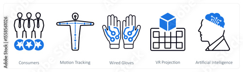 A set of 5 mix icons as consumers, motion tracking, wired gloves