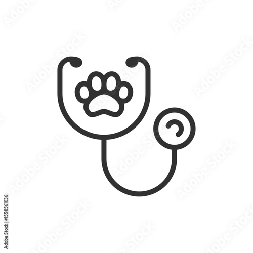 Veterinary stethoscope with paw print linear icon. pet health check, vet care, and animal diagnostics. Editable stroke.