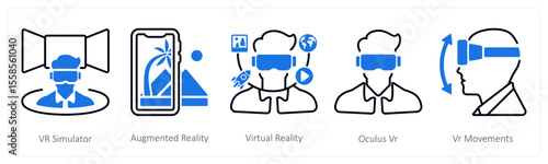 A set of 5 mix icons as vr simulator, augmented reality, virtual reality