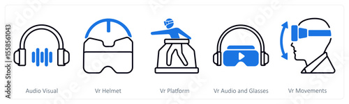 A set of 5 mix icons as audio visual, vr helmet, vr platform