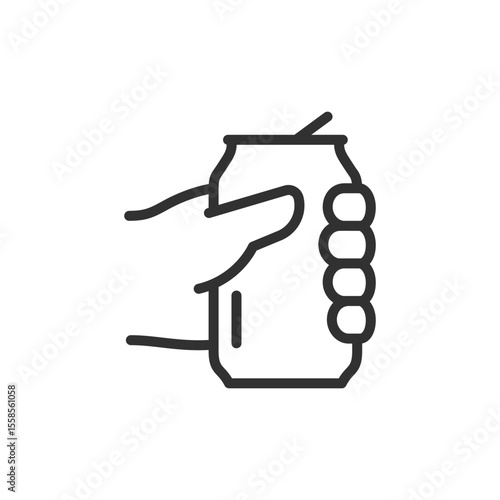 Hand holding soda can, linear icon. Beverage consumption, refreshment, or drink grab. Line with editable stroke.