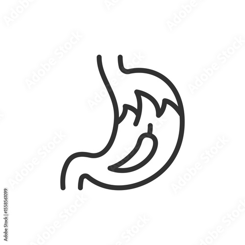 Stomach with pain, linear icon. Gastric discomfort, acid reflux, or indigestion. Line with editable stroke.