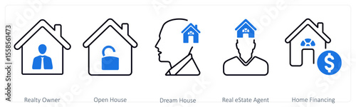 A set of 5 mix icons as realty owner, open house