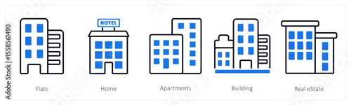 A set of 5 mix icons as flats, home, apartments