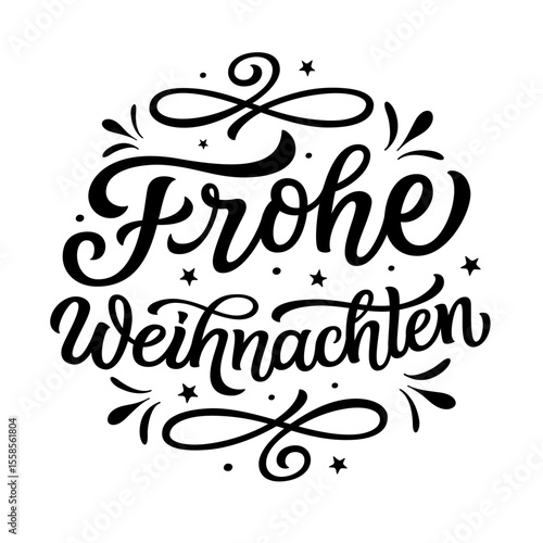 Merry Christmas in german. Hand lettering black text in a round shape isolated on white background. Vector typography for posters, cards, holiday decor, Christmas balls, ornaments