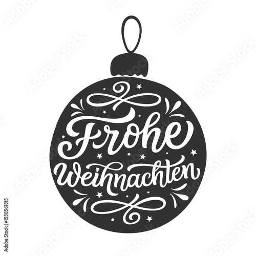Merry Christmas in german. Hand lettering text in a Christmas ball shape isolated on white background. Vector typography for posters, cards, holiday decor, Christmas tree ornaments