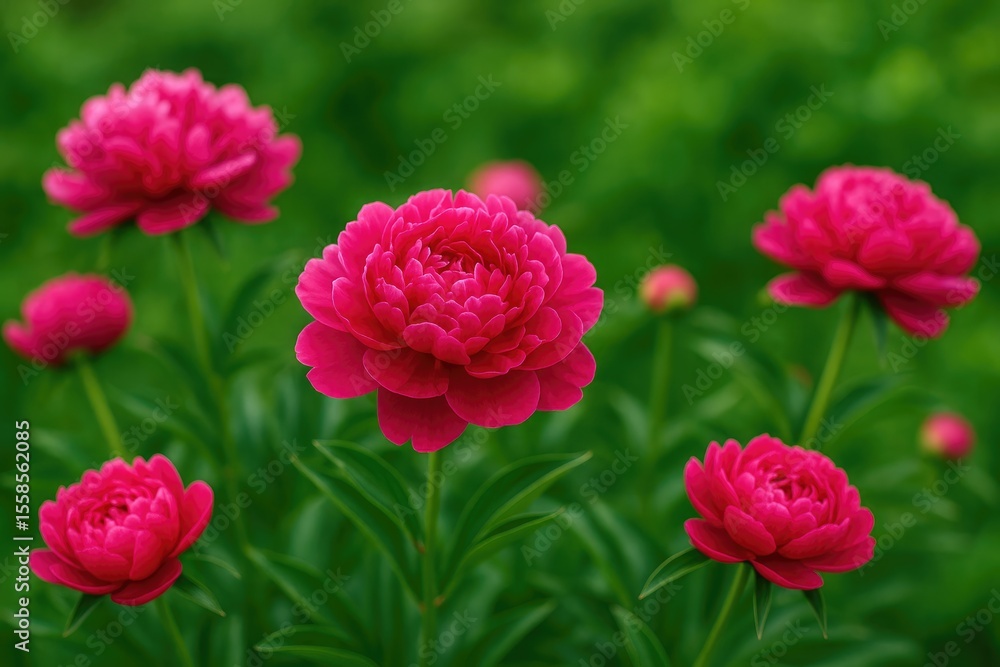 Fototapeta premium Vibrant red and pink peonies blooming in a lush garden setting