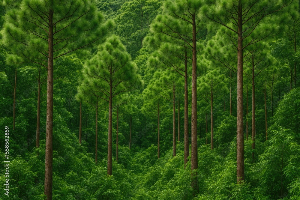 Obraz premium Dense pine forest within a jungle environment