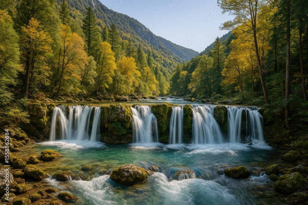 Fototapeta premium Scenic mountain landscape featuring cascading waterfalls and a flowing river