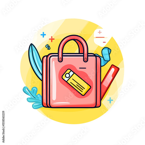 Vibrant Pink Handbag with Luggage Tag and Decorative Elements