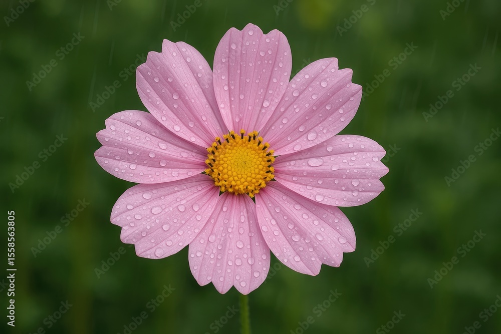 Fototapeta premium Delicate pink blossom adorned with raindrops in a lush garden
