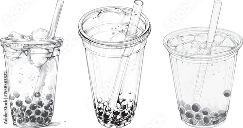 Bubble Tea Vector Illustration, Three Cups Isolated on White.