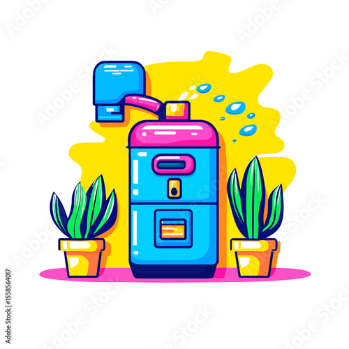 Cartoon Water Cooler with Plants and Yellow Backdrop, Modern Illustration