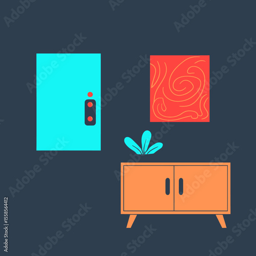 Colorful Interior Scene with Door, Art, and Sideboard