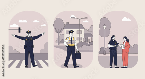 Police Officers in Various Duties: Directing Traffic, Patrolling, and Community Engagement
