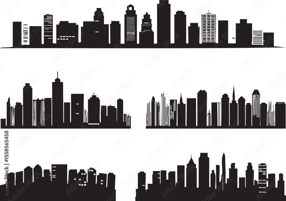Naklejka premium Collection of black silhouettes of city skylines against a white background