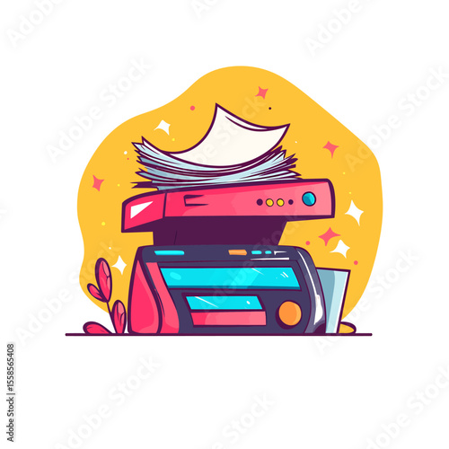 Stylized Illustration of a Modern Printer with Stacked Paper and Details