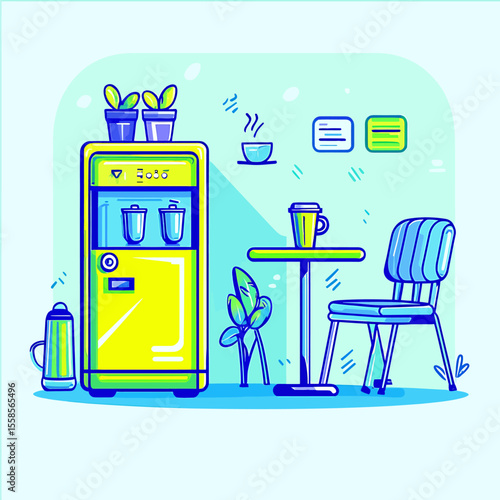 Stylized Office Breakroom Scene with Water Cooler, Table, Chair, and Plants