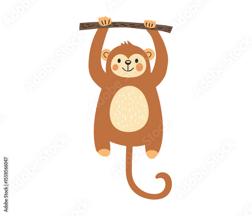 Cute minimalist vector illustration of a smiling monkey hanging by its arms from a branch in warm brown tones. Ideal for children’s décor, nursery art, zoo themes, stickers, and playful web graphics.