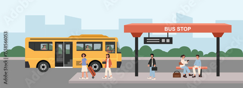 People sitting on bus station bench. People at bus station. Bus stop at station. People travelling by bus. 