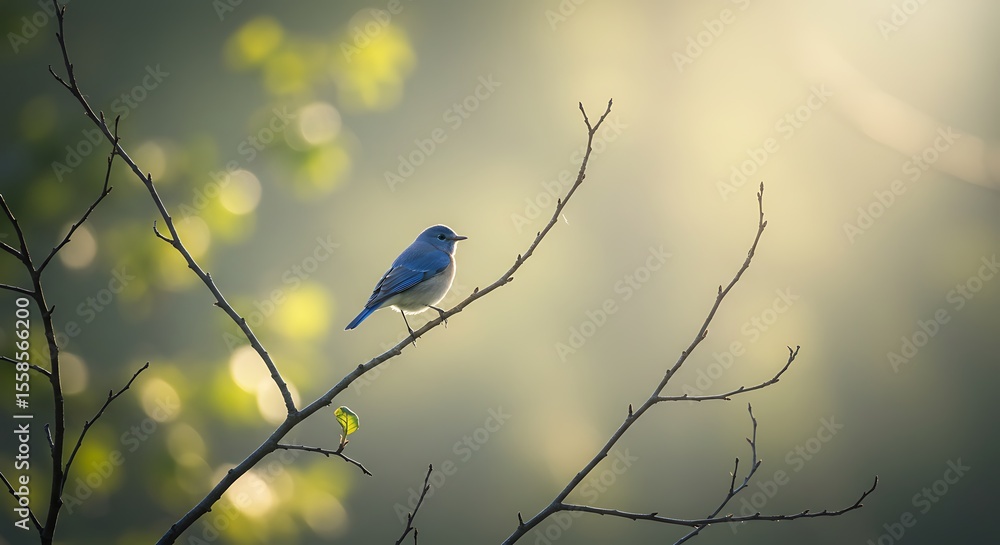 Obraz premium Serene Bluebird Perched on a Branch in Soft Morning Light