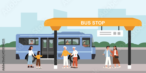 People waiting for bus stop. People standing at bus station. Bus stop. Bus route. Public transportation in the city. Commuter waiting public transportation.