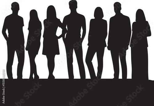 Diverse group of seven people standing together in silhouette against a white background