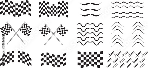 Checkered Pattern Vector Art Black and White Racing Flags Stripes Waves Collection