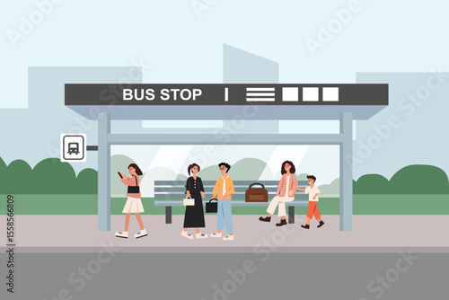 People waiting bus. People at bus shelter. City transportation. Public transportation. Commuting people. Bus stop place.