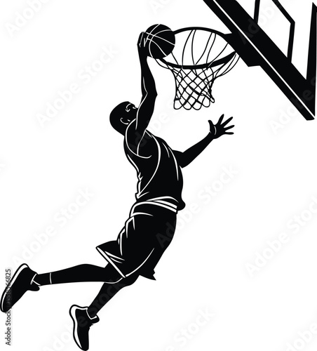 Silhouette of a basketball player performing a slam dunk at the hoop