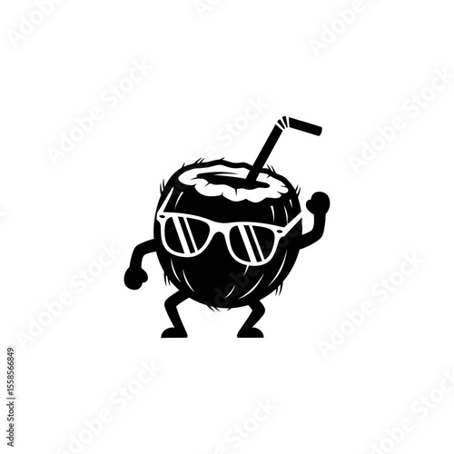 Illustration of a coconut with sunglasses straw arms and legs in black and white on a white background