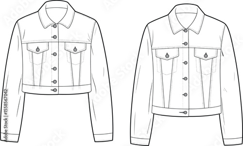 Vector Fashion CAD Flat Sketch of Cropped Denim Jacket Front Back View