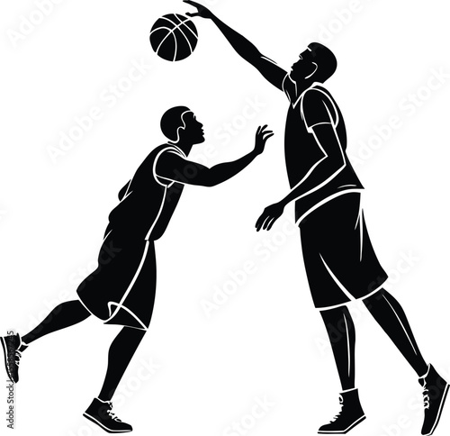 Silhouette of two basketball players in action during a shot block attempt