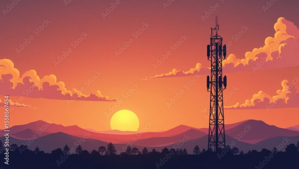 Obraz premium Una moderna torre celular recortada contra un cielo naranja y morado al atardecer, con montañas distantes apenas visibles