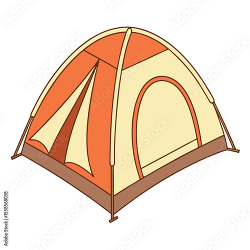 An orange and beige camping tent stands alone against a transparent background
