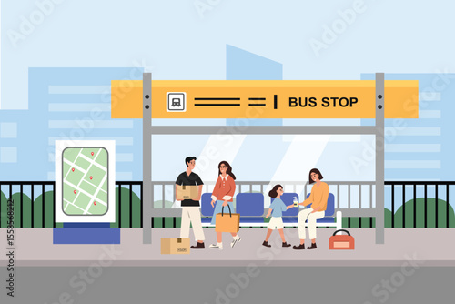 Pick up point. People waiting bus at pick up point. City transportation shelter. Holiday by bus. Bus station. Bus stop shelter. 