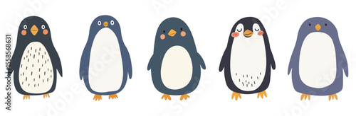 Set of five minimalist cartoon penguin vectors in muted blue, gray, and white tones with rosy cheeks and playful poses. Perfect for children’s decor, holiday and winter cards, web banners.