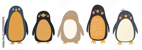 Set of five minimalist cartoon penguin vectors in muted blue, gray and mustard tones, featuring rosy cheeks and playful poses. Ideal for nursery decor, holiday cards, web banners.