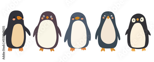 Vector illustration of five minimalist cartoon penguins in muted navy, brown, blue-gray, and cream tones with rosy cheeks and varied expressions. Charming design for children’s decor, holiday cards.