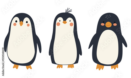 Three minimalist penguin vectors with rosy cheeks in navy, cream, and orange tones. Charming and playful design ideal for children’s decor, holiday cards, winter branding, and web graphics.