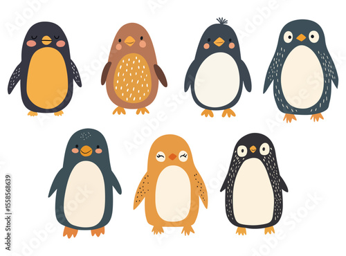 Charming vector illustration of eight whimsical penguin characters in muted black, gray, brown and orange tones with rosy cheeks and simple spot textures. Perfect for children’s decor, greeting cards,