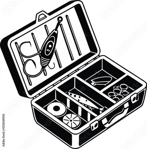 Silhouette of an open fishing tackle box with lures and gear compartments