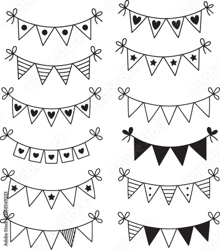 Ten Black and White Bunting Strings with Hearts Stars Stripes and Dots Triangular Flags Festive Decorations
