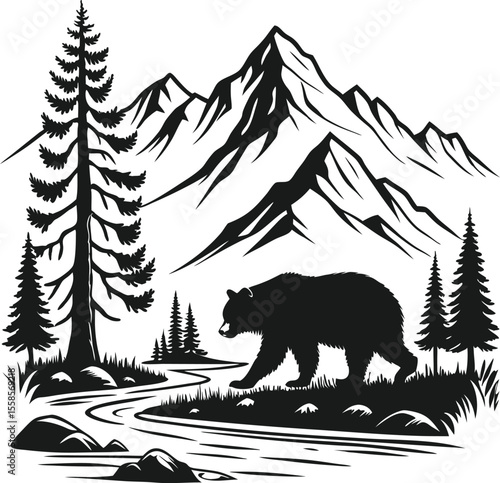 Silhouette of a bear walking near river with mountain and forest background