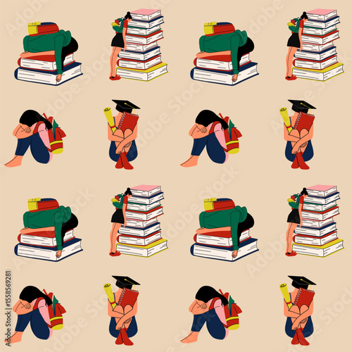 Seamless pattern with Stressed Out School Girl with Stack of Books. Student Mental Health Concept	