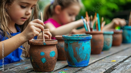 Wallpaper Mural Two young girls, one with long brown hair, paint colorful flower pots outdoors on a sunny day, enjoying a creative activity. Torontodigital.ca