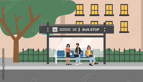 People waiting bus at shelter. People talking at bus shelter. Bus station.  Pickup point. City building. Urban transportation.