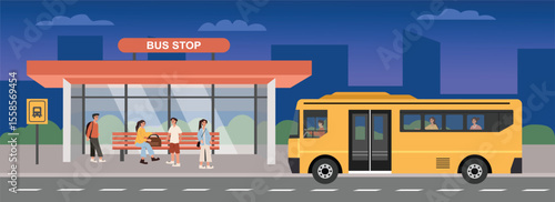 People go home by bus. Bus at shelter pick up passenger. Bus stop.