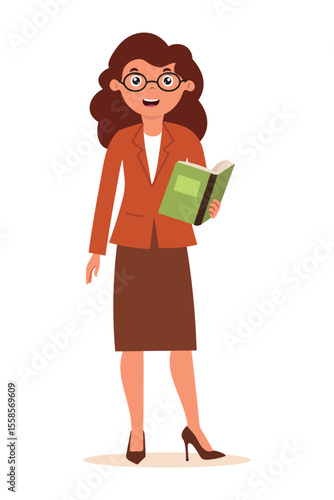 Business professional with glasses holding a book in formal clothes. Business woman in flat style on white background. Vector illustration isolated.